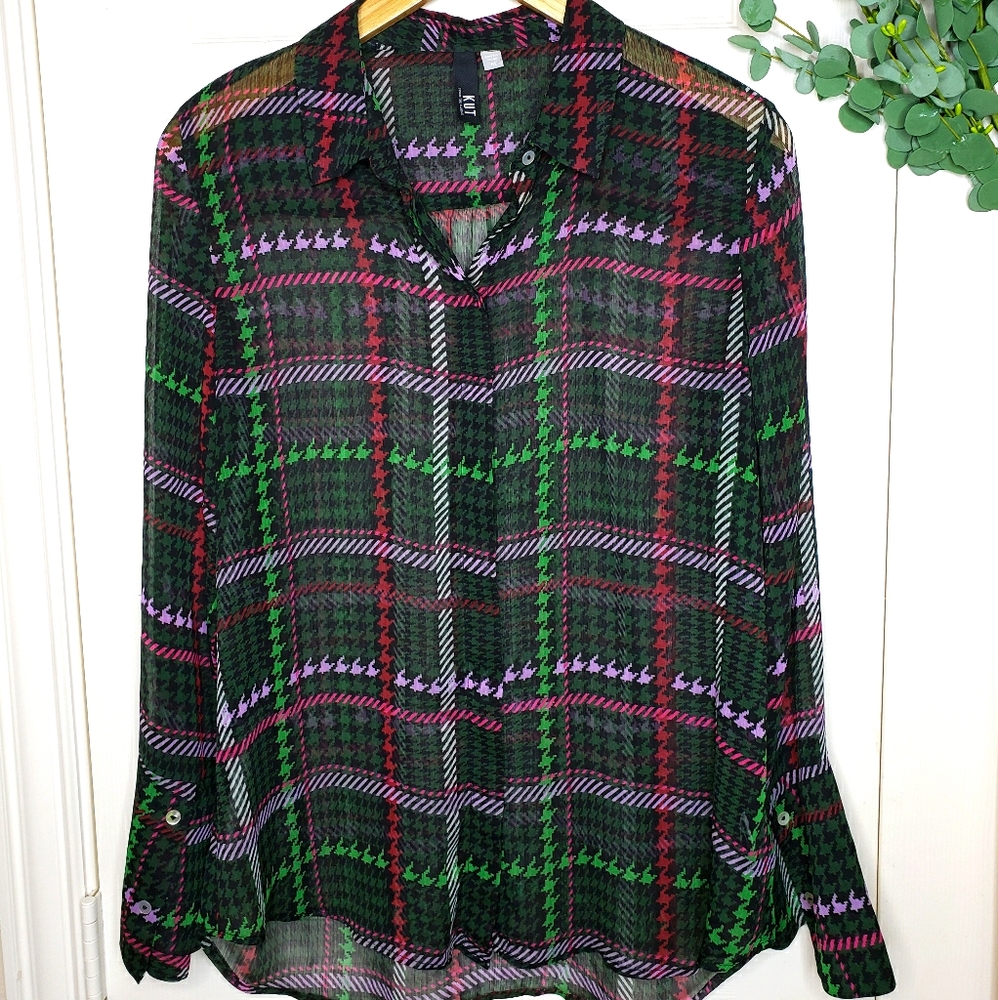 Sheer houndstooth print blouse
